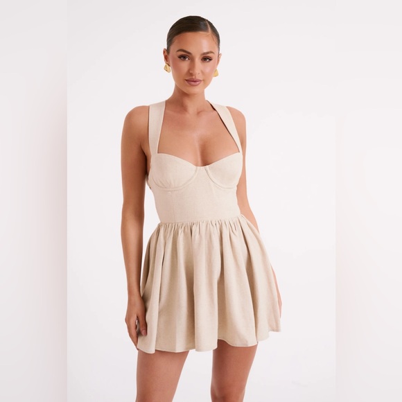 Meshki Loz Tie Back Linen Mini Dress - Natural - Picture 2 of 12